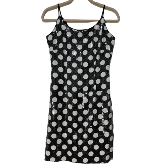 Sophisticate Bodycon Sheath Dress Black w/White Polka Dots & Sequins Size 9/10 - Picture 1 of 5